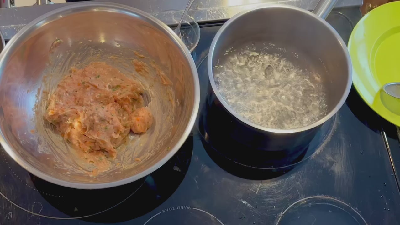 Load video: Shiitake and Carrot Studded Chicken Meatball Hot Pot